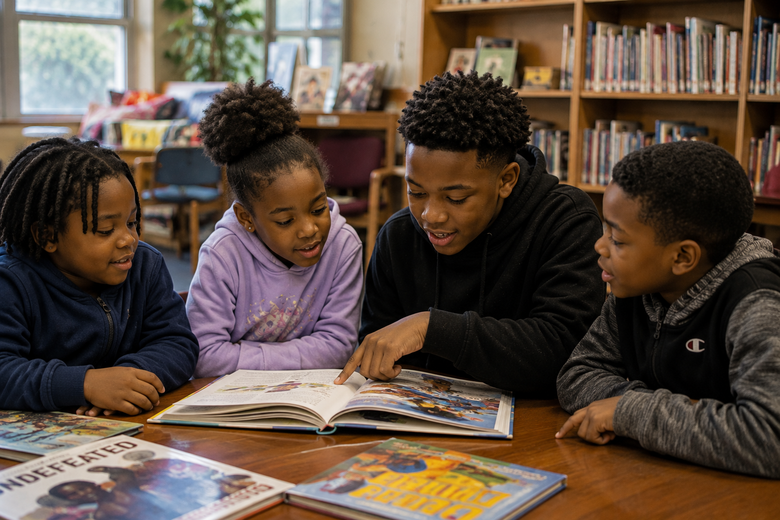 Young people reading together in a community library