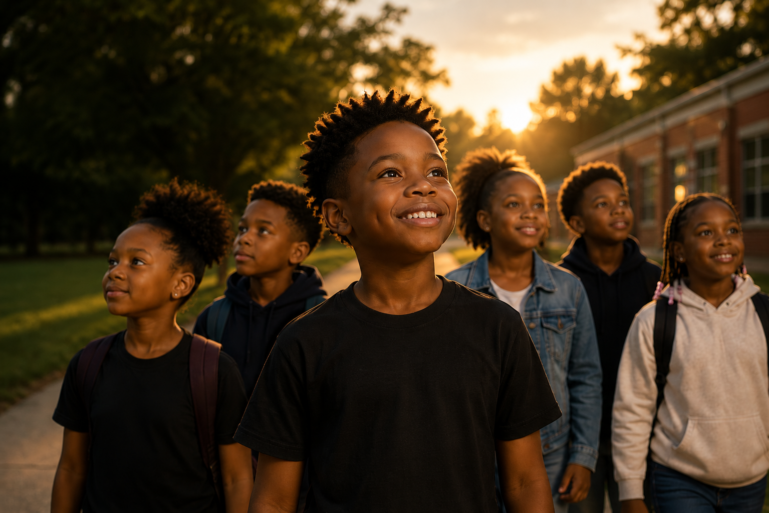 Group of children walking outside at golden hour
