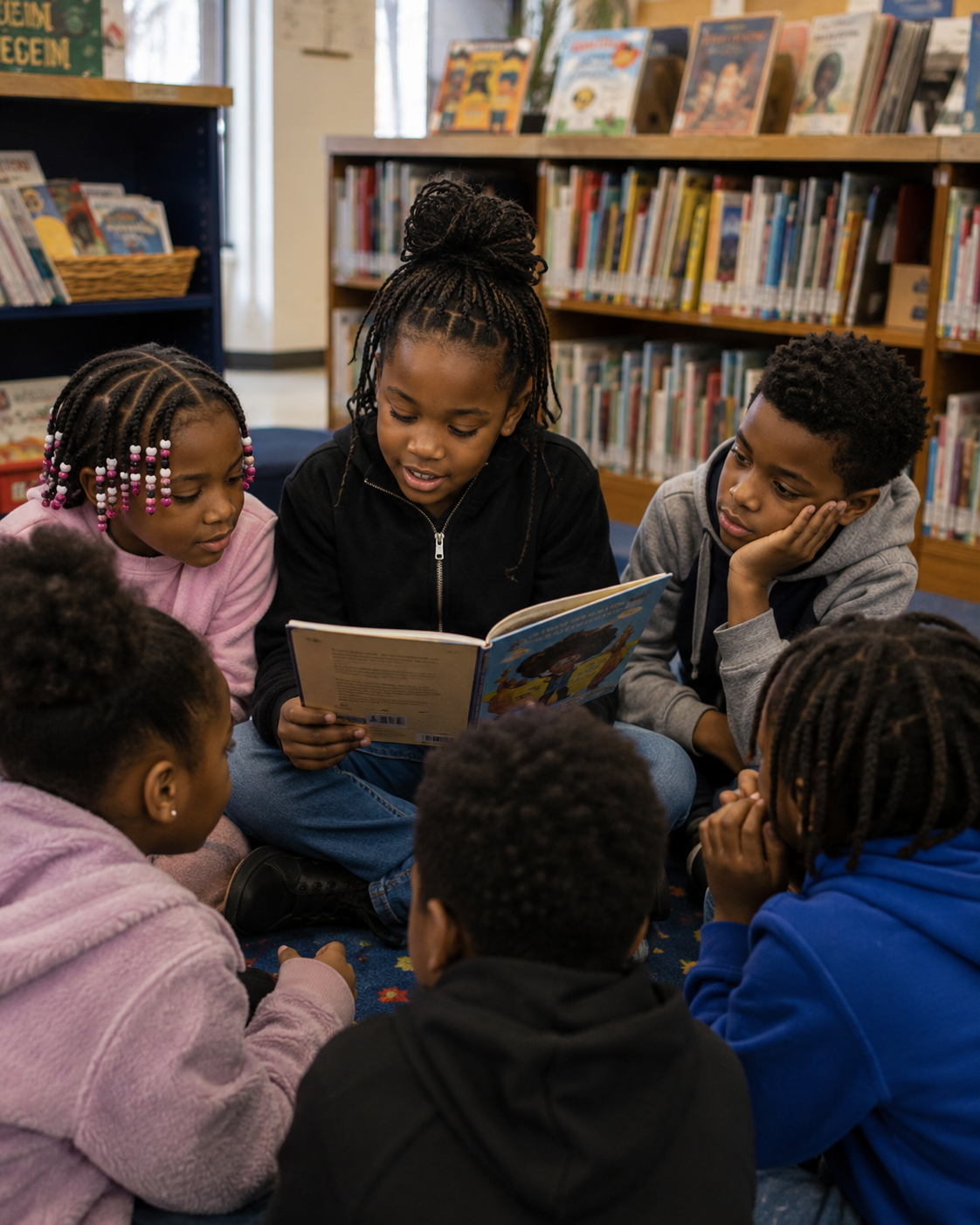 Children gathered in a library reading circle